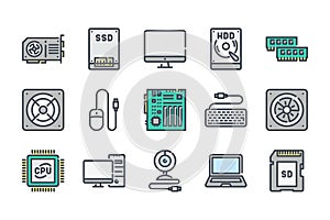 Computer parts related color line icon set.